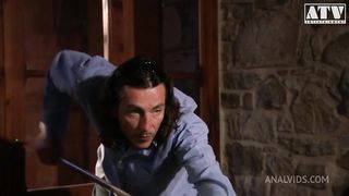 SLUT SARAH TWAIN WITH HUGE BREASTS AND BRUNETTE HAIR GETS BOTH HOLES FILLED BY MONSTER COCK AND FUCKED IN THE ASS