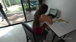 HORNY GUY PERSUADED TO FUCK HIS GF WHILE SHE WAS WORKING! OMG, HE CUM TWICE, FACIAL AND CREMPIE!