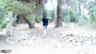 Spanish MILF ass fucked in the woods while a guy is watching us and jerking