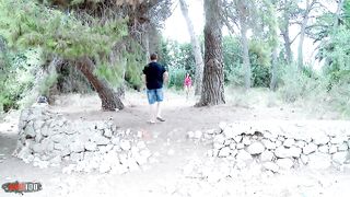 Spanish MILF ass fucked in the woods while a guy is watching us and jerking