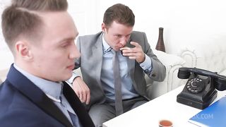 After giving her double blowjob and warming up her tight dirty pussy, they get into a double penetration