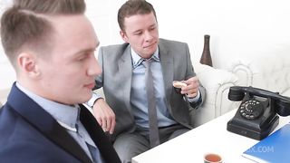 After giving her double blowjob and warming up her tight dirty pussy, they get into a double penetration