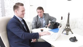 After giving her double blowjob and warming up her tight dirty pussy, they get into a double penetration