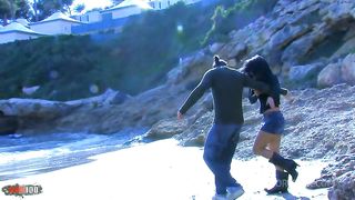 Sex Threesome on a public beach with Yesenia Rock and Jessica Bitch