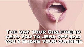 THE DAY YOUR GIRLFRIENDS GETS YOU TO JERK OFF AND YOU TWO SHARE YOUR CUMMIES