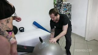 Tattooed butt busty MILF Julia Exclusiv gets anally trained and pissed in mouth by nasty coach