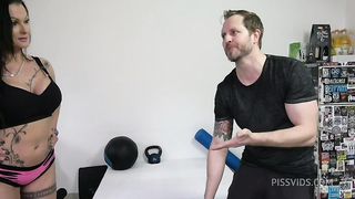 Tattooed butt busty MILF Julia Exclusiv gets anally trained and pissed in mouth by nasty coach