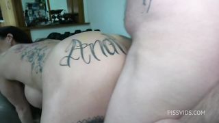 Tattooed butt busty MILF Julia Exclusiv gets anally trained and pissed in mouth by nasty coach