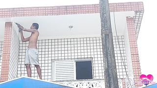 Cumming in her asshole on the balcony