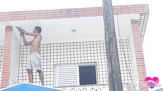 Cumming in her asshole on the balcony