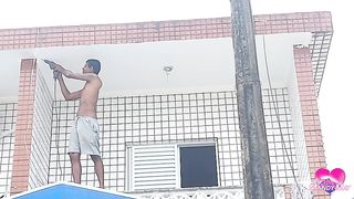 Cumming in her asshole on the balcony