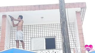 Cumming in her asshole on the balcony