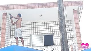 Cumming in her asshole on the balcony