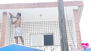 Cumming in her asshole on the balcony
