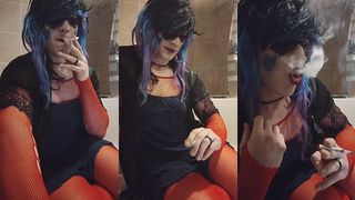 CROSSDRESSER SAMANTHA SMOKING A CIGARETTE IN RED LINGERIE