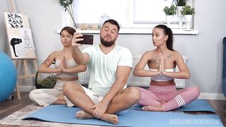 Inked yoga instructor lured into anal threeway with couple