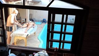 SHE WENT TO GET A MASSAGE BY THE POOL AND ENDED UP GETTING A HANDJOB AND BLOWJOB