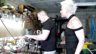 Stunning MILF Charlie gets her pussy and ass fucked hard in the workshop