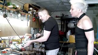 Stunning MILF Charlie gets her pussy and ass fucked hard in the workshop