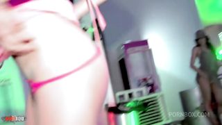 Two beautiful brunettes get fucked hard in a nightclub