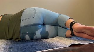 TIED UP GIRL CANT HOLD IT ANYMORE AND PEES IN BLUE JEANS