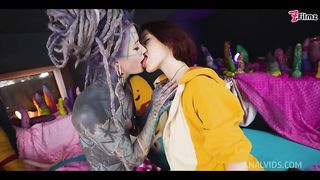 tattooed TEEN gets ASSHOLE destroyed from LESBIAN friend with STRAP ON - prolapse, GAPE, licking (goth, punk, alt porn) - ZF017