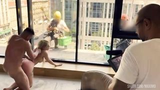 Anal pissing, fucking in front of windows cleaners