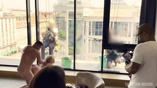 Anal pissing, fucking in front of windows cleaners
