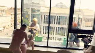Anal pissing, fucking in front of windows cleaners