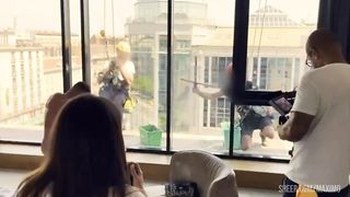 Anal pissing, fucking in front of windows cleaners