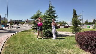OUTDOOR NUDITY TWO BITCHES TIT FLASHING STRANGERS