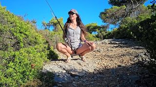 SEXY HAIRY MILF MASTURBATES HER PUSSY IN PUBLIC WITH A FISHING ROD