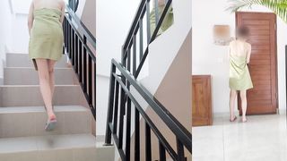 CLIMBING STAIRS AFTER TAKING A BATH WITH ONLY A TOWEL ON.