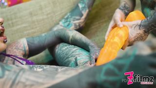 2 heavy tattoo girls get ass fucked by a big dick