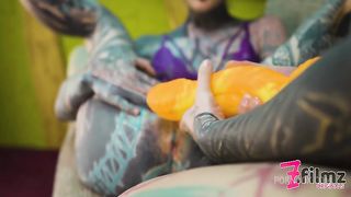 2 heavy tattoo girls get ass fucked by a big dick