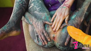 2 heavy tattoo girls get ass fucked by a big dick