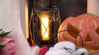 Couple celebrates Halloween by having threeway with redhead