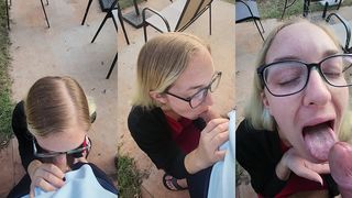 OUTDOOR QUICKIE: RED DRESS BEAUTY GIVES A BLOWJOB!