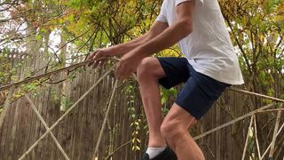 STRIP AND STRETCH DOWN TO BRIEFS ON RAIL SHOWING BUTT AND BULGE AND MORE