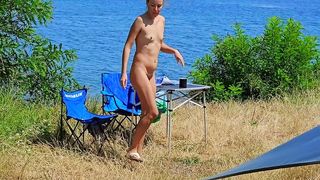 VOYEUR! WATCH SEXY HAIRY MILF NAKED CAMPING