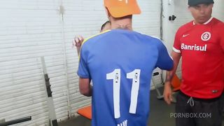 After a football game, the crowd has fun with their friend's wife