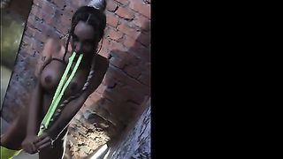 Hot Bitch Monika Fox Posing In A Light Green Outfit & Playing With A Big Toy