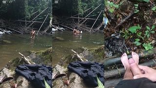DESNUDO EN EL RIO, ME MASTURBO Y ME ORINO EN LOS PIES