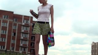 BLONDE SCHOOL GIRL IN PLAID MINISKIRT WEARING PANTYHOSE NO PANTIES ON SPREADING LEGS ON BENCH