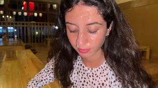 RISKY BLOWJOB IN PUBLIC TOILET CAFE AND EATING SUSHI WITH CUM ON FACE MUKBANG