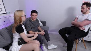 MY CUTE CUCKOLD BOYFRIEND PATIENTLY HOLDS MY HAND WHILE THE BOSS FUCKS ME AT THE INTERVIEW!