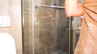 masturbating with a big dildo in the shower