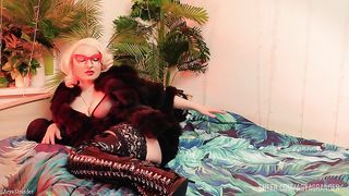 Cum on my thigh high boots! Blonde Mistress in stockings, fur and overknee high heels Arya Grander