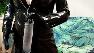 SPH small penis humiliation video - PVC coat fetish Mistress Arya Grander - horny bratty blonde MILF