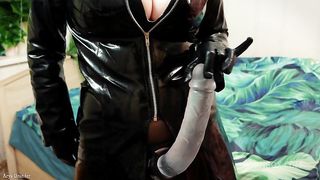 SPH small penis humiliation video - PVC coat fetish Mistress Arya Grander - horny bratty blonde MILF